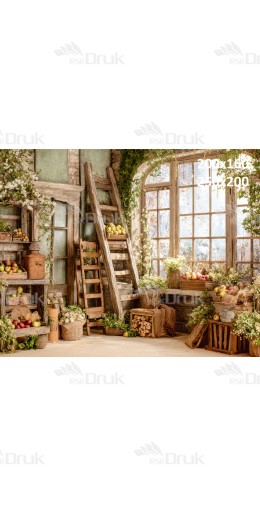 Tło fotograficzne „Rustykalne wnętrze z drewnianą drabiną, oknem i owocami” | E695